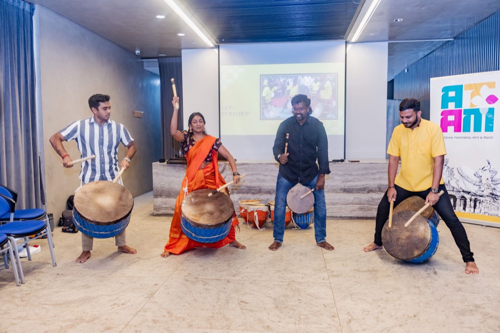 Thudumbattam players with the bowl-shaped thudumbu drum